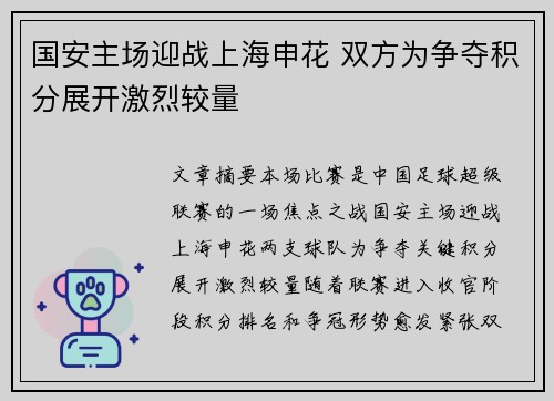 国安主场迎战上海申花 双方为争夺积分展开激烈较量